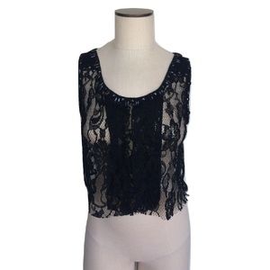 NWT Millau Jeweled Neck Sheer Lace Black Tank Top